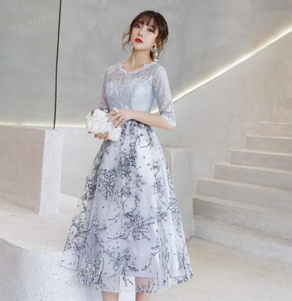 パーティードレス 結婚式ドレス ワンピース 総レース 花嫁 ブライズメイド ミモレ丈 結婚式 入学式 演奏会用 エンパイア 大きいサイズ ロングドレス お呼ばれドレス 二次会 ゲストドレス 袖あり 発