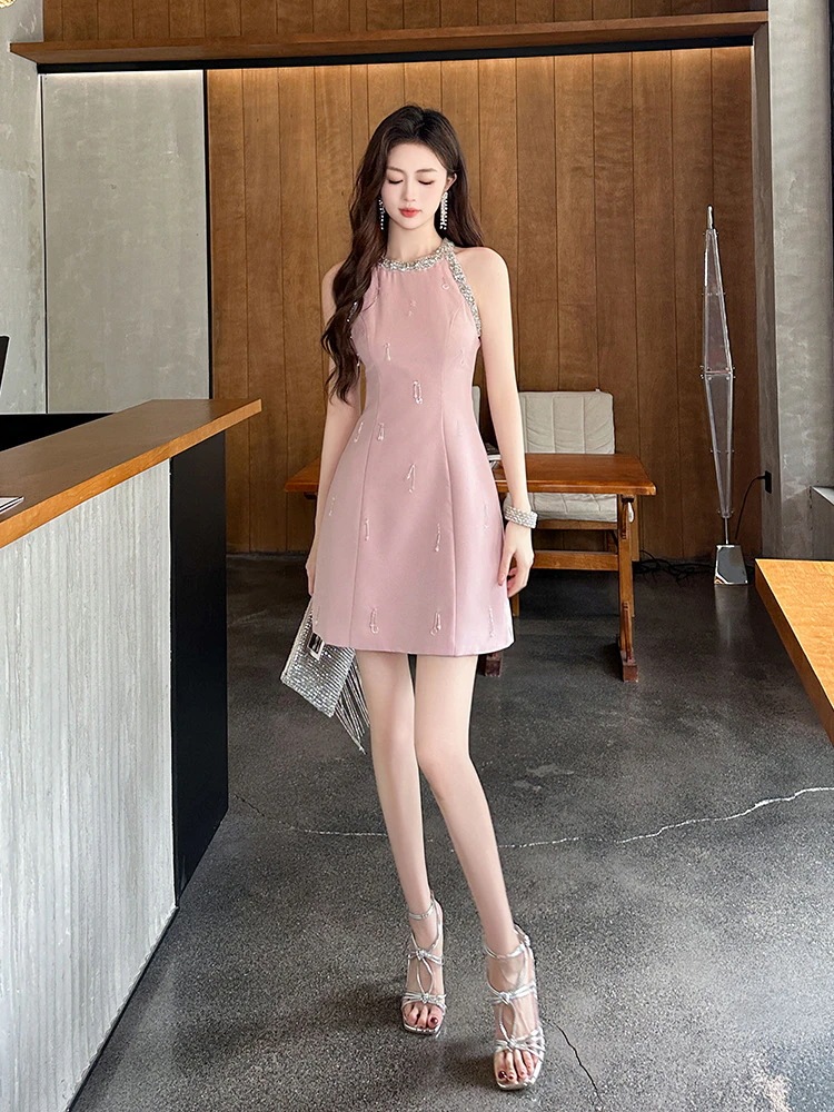 【JY.上品】 夏 ノースリーブ ダイヤモンド飾り ショートワンピ ドレス パーティー 着痩せ 大人 お呼ばれ 同窓会 披露宴 卒業式 結婚式 ウェディング 二次会 成人式