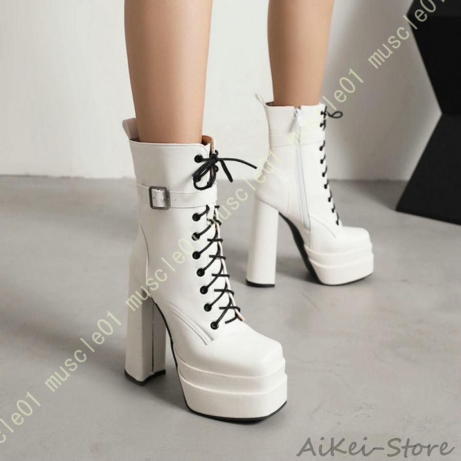 ファッションブーツ レディース ショートブーツ 太ヒール 編み上げブーツ 前厚 厚底 美脚 サイドジップ 靴 レースアップ 袴ブーツ パンク靴 歩きやすい