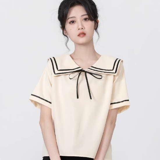 トップス ブラウス プルオーバー 半袖 セーラーカラー 美ライン ニュアンス リボン ラインデザイン ロマンチック かわいい 大人可愛い きれいめ シンプル カジュアル 大人 上品 おしゃれ お洒落