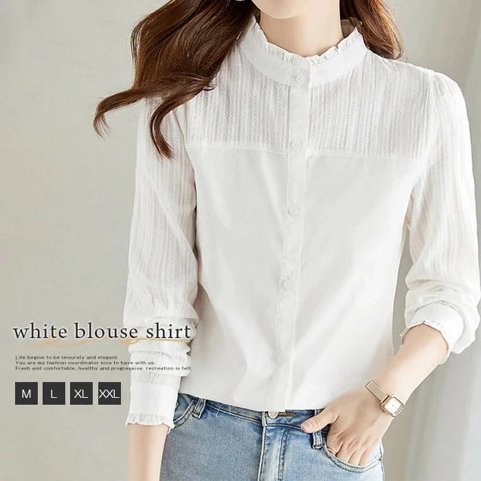 【20点セット】ブラウス レディース 長袖 シャツ 白シャツ コットンシャツ スタンドカラー トップス スーツ インナー フォーマル 無地 オフィス ビジネス 立ち襟 立ち衿 オフィスカジュアル 仕事