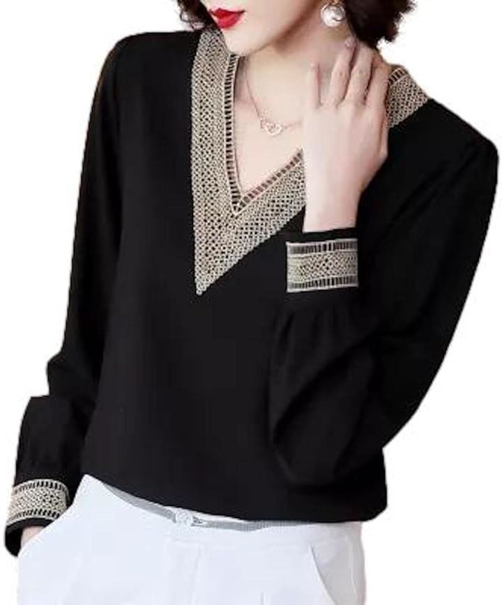 レース Vネック 長袖 バイカラー ブラウス JS18-BK-2XL(ブラック, 2XL)