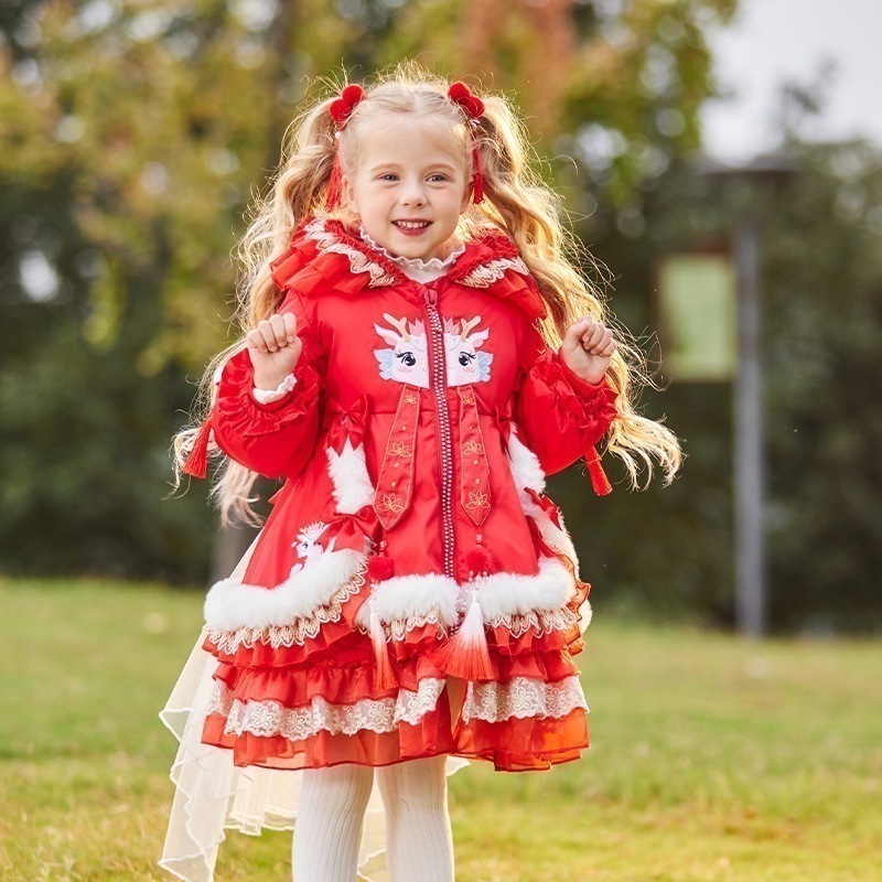 オリジナルデザイン ドラゴンガールズジャケット 子供用 90ホワイトダックダウン ミドル丈軽量ダウンジャケット