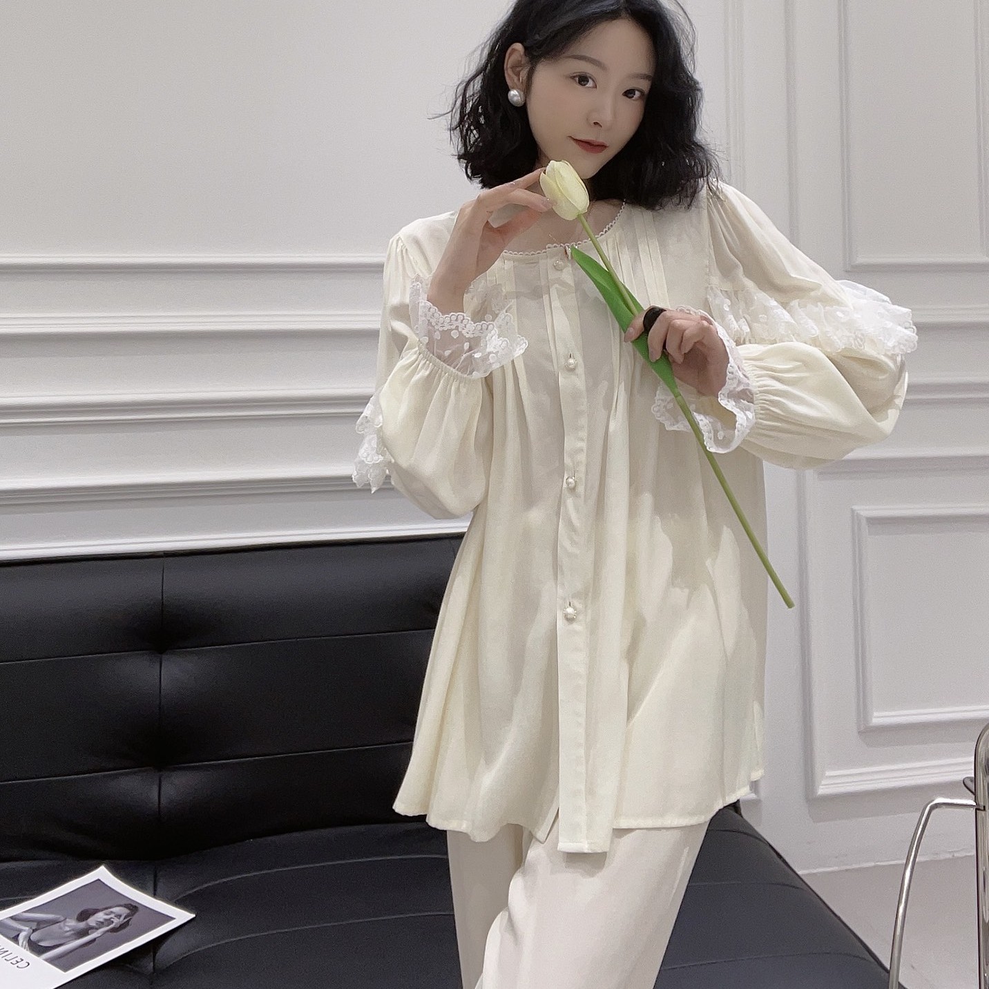 スタイルの長袖綿長袖レディースパジャマ家の外で着用する白いパジャマは強くお勧めします