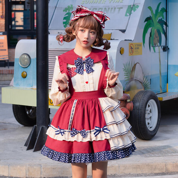 【急速出荷】ロリータ セットアップ 春夏 スカート ブラウス セット フリル リボン 萌え 原宿系 ゆめかわいい 可愛い ミニ 多層スカート ボリューム レディース Lolita ロリイタ ドット イ