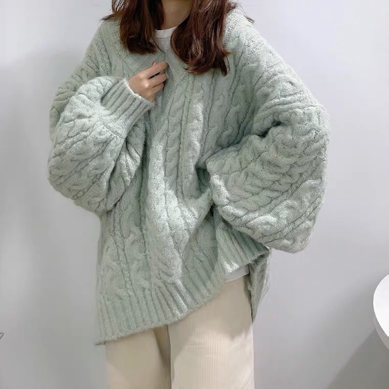 大きいサイズの婦人服5秋冬スプライシングvネックツイストセーターレディースミドル丈ゆったり韓国ニットジャケット