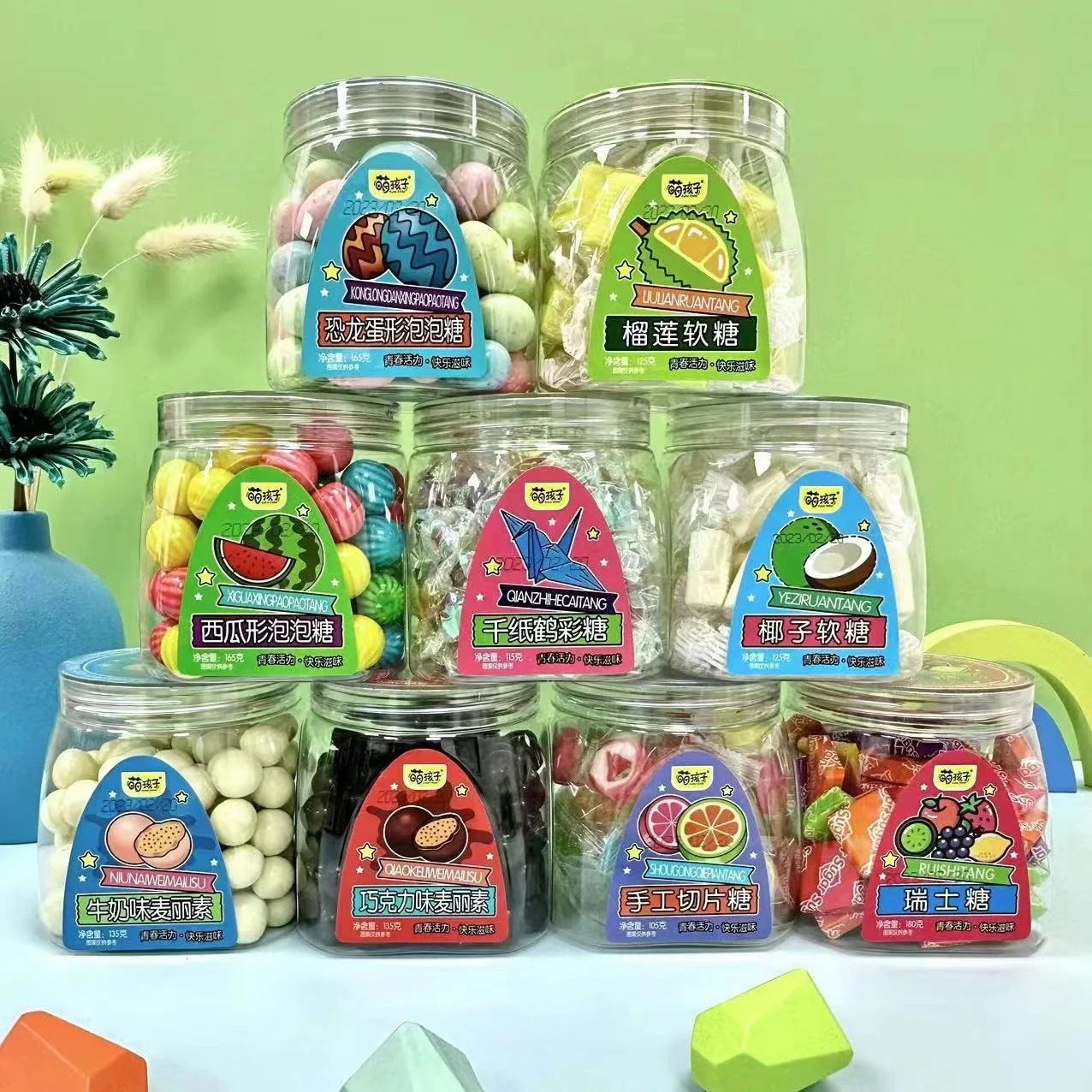 スイカ型バブルガム ドリアンキャンディ味 折り鶴色キャンディ瓶入り マリシン