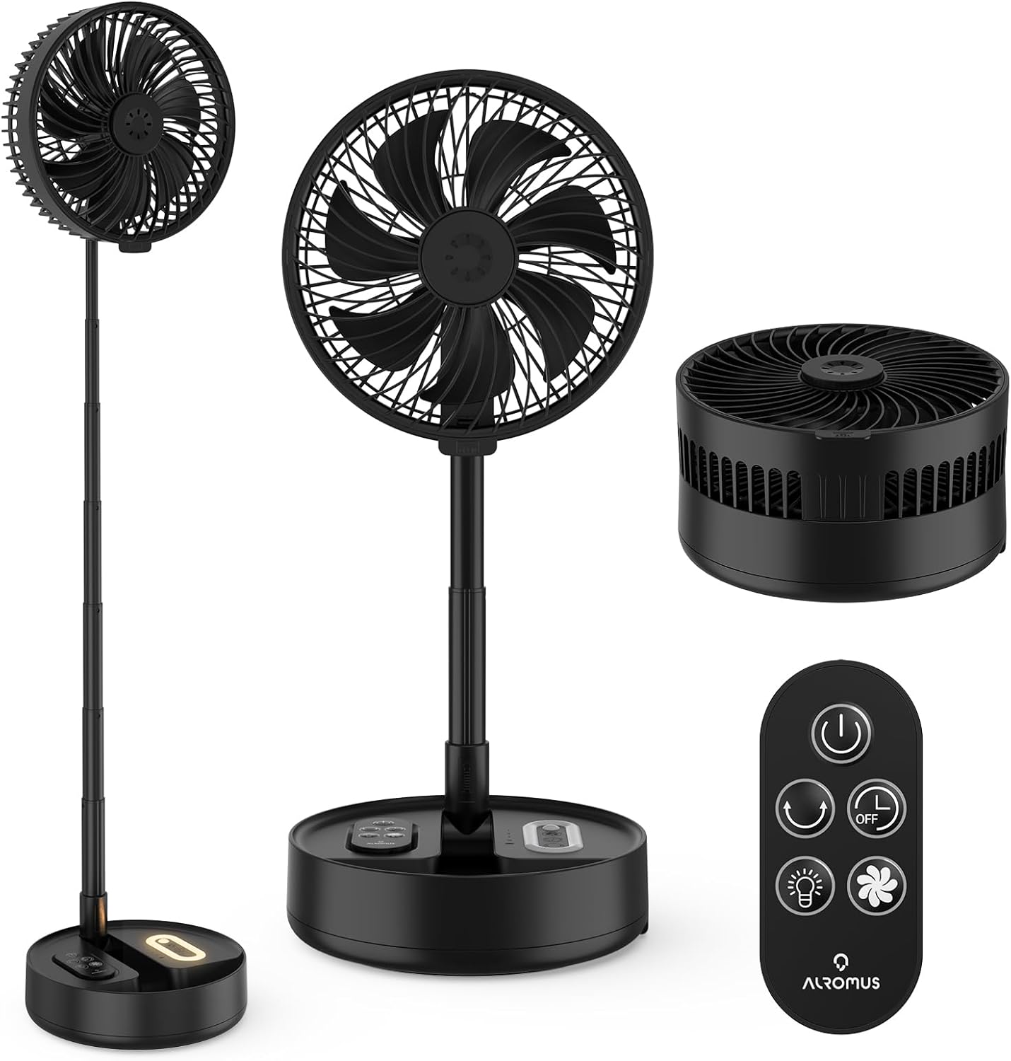 コードレス扇風機 USB充電式 折りたたみ可能 首振り・4段階風量・自然風・タイマー機能付き 高さ調節 コンパクト収納 静音 DCモーター リモコン付き ブラック