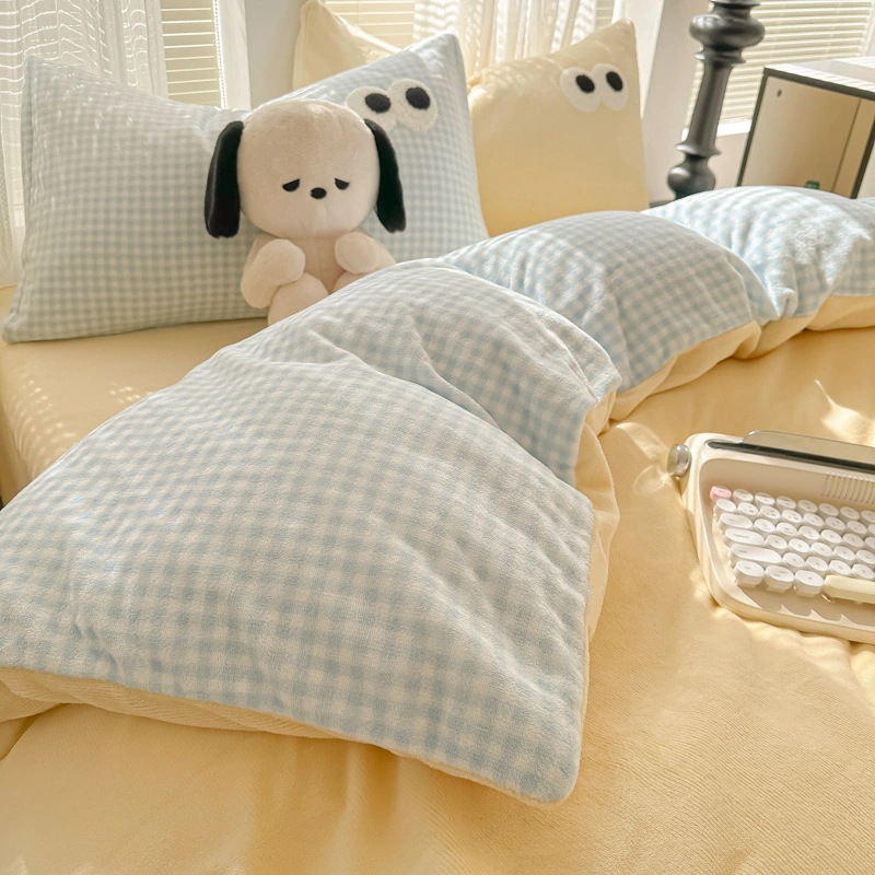 布団布団セット純色ミルクベルベット4ピースコーラルベルベットキルトカバーガーリーフランネルシーツフランネル寝具