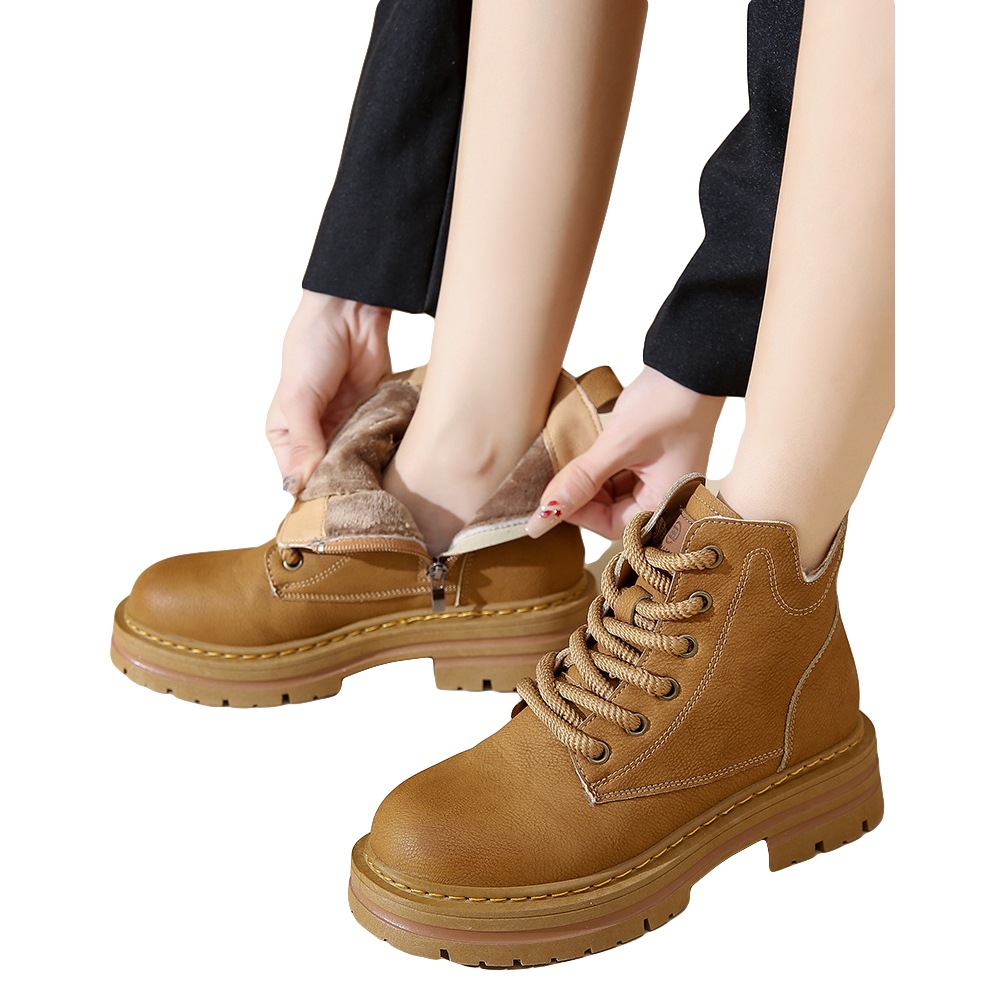 [最安値挑戦]！脚長厚底ブーツふんわりあったかボア4.5cmヒールで美脚効果!!ショートミドルブーツレディース靴シューズ裏起毛防寒レースアップブーツ