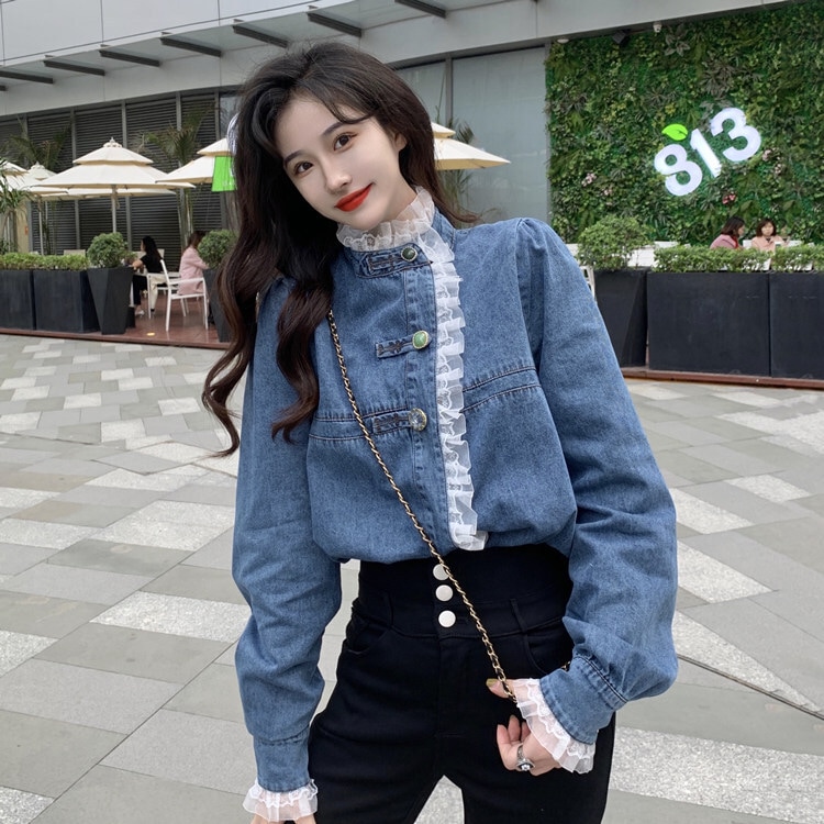 デニムレースシャツ トップス シャツ ブラウス スイート ブルー 青 レギュラー丈 袖あり 長袖