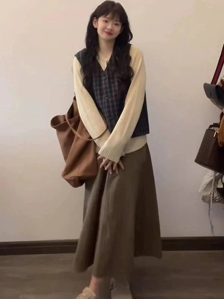 涼しく楽ちんセットアップレトロな肩の格子ベスト三点セット韓国ファッションおしゃれ 冬アウター