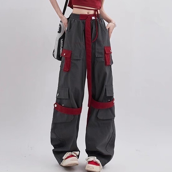 レディース パンツ ボトムス ストレートパンツ ロングパンツ ワークパンツ ワイドパンツ カーゴパンツ フルレングス ストリート ポケット ハイウエスト ドロスト バイカラー 配色 かわいい きれいめ
