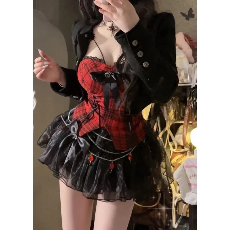 スパイスガールズセクシー女性用ビスチェトップス小香風コートハイウエストパフスカートスリーピースセットファッショントップス 2点セット 夏服レディース上着 半ズボン セットアップ 地雷