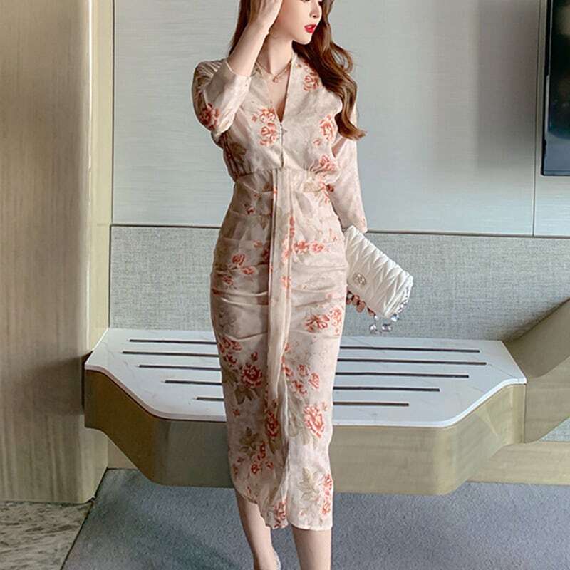 レディース ワンピース 主役級 セクシー パーティー お呼ばれ フォーマル エレガント Vネック 花柄 フラワー 長袖 タック 大人可愛い ママコーデ ママファッション オルチャン 人気 トレ 韓国系 レディース ワンピース 主役級 セクシー パーティー お呼ばれ