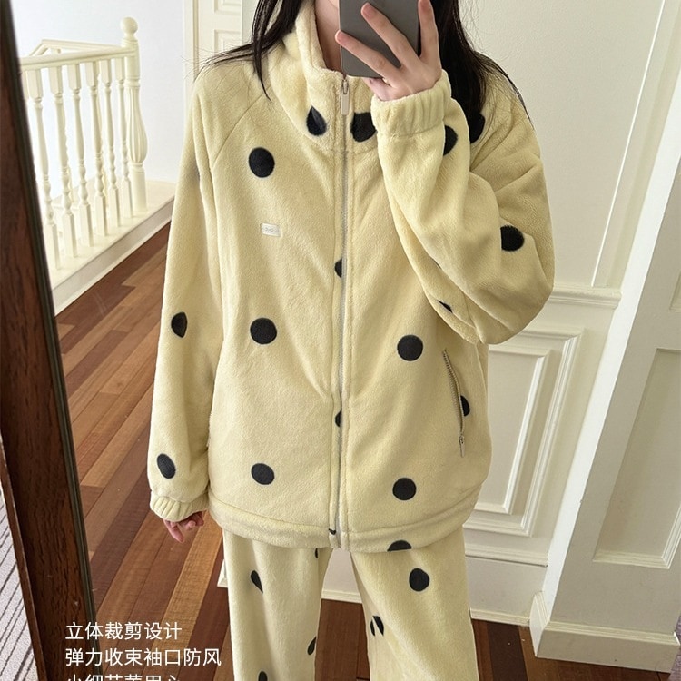 水玉模様のジッパーセット付き女性用冬パジャマ厚手のベルベットの快適なホームウェアカジュアルなウォーキングストリートジッパー2点セット