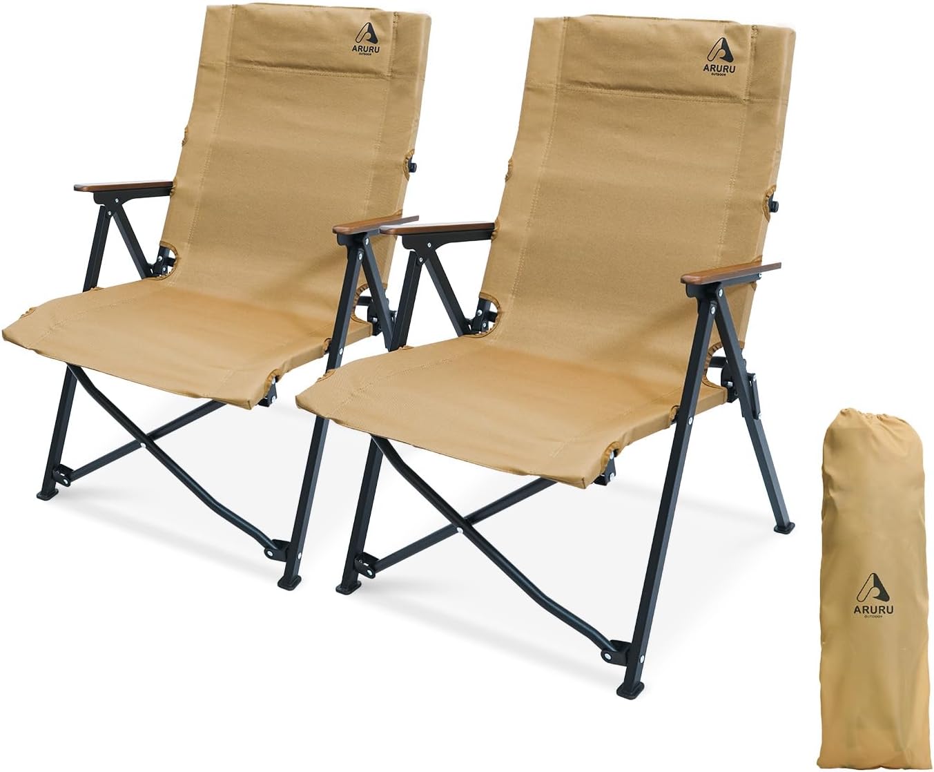 ARURU 2セット キャンプ用 キャンプチェア 折りたたみ アウトドア 600D生地 軽量 コンパクト収納 耐荷重100kg【カーキ】