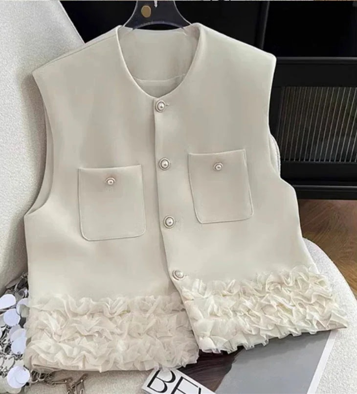 利用で40%OFF シングルブレスト ベスト レディース 重ね着 レイヤード 裾レース レース 上品 きれいめ ラウンドネック トップス アウター シンプル ビジネス オフィス フォーマル 韓国ファ