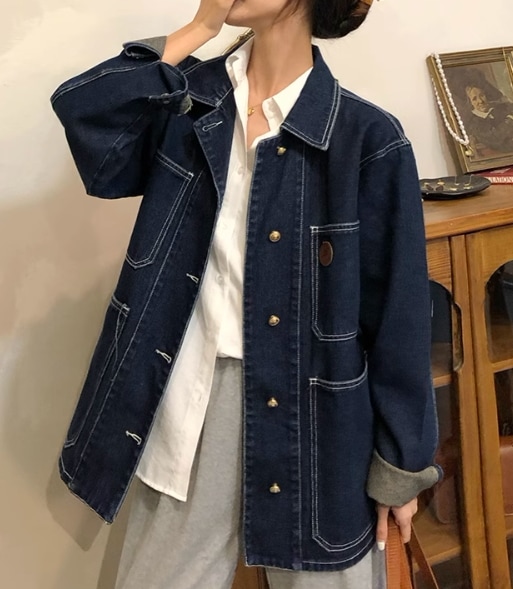 レディース トップス ジャケット 上着 羽織 Gジャン ロング 長袖 襟付き ポケット 前開き ボタン ヴィンテージ ウォッシュ デニム ブルーデニム かわいい 大人可愛い カジュアル おしゃれ