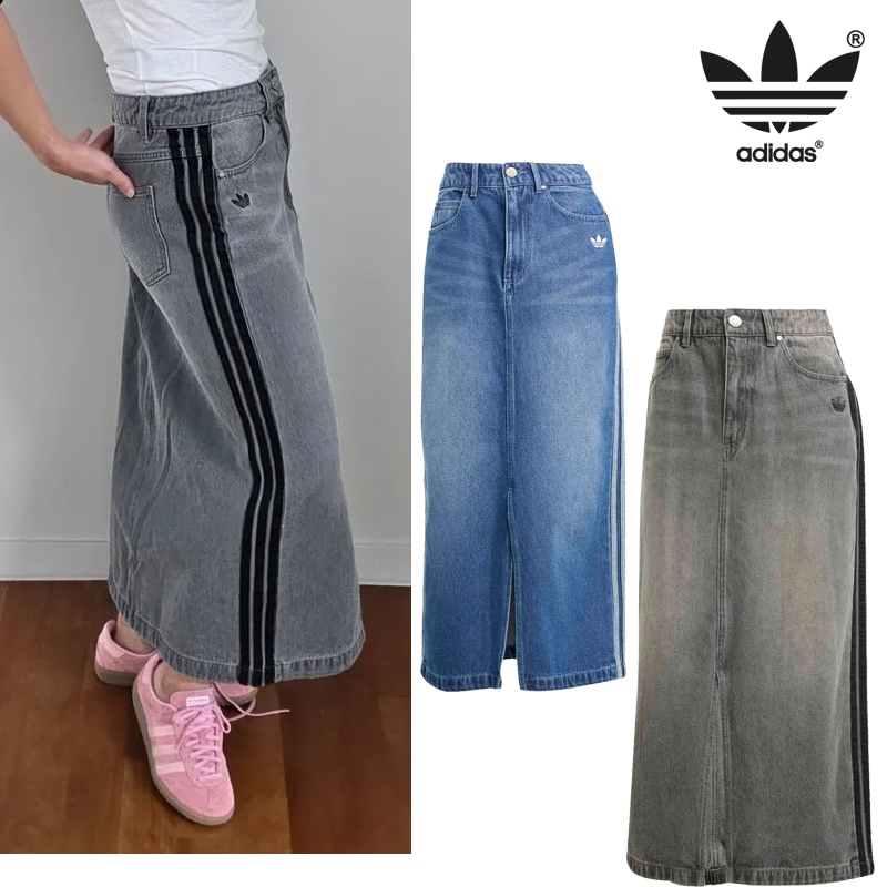 JW2658 JW2659 Adicolor 3 Stripes Denim Pencil Skirt 25FW新作 前スリット Iライン ロング丈 3ストライプ ハイウエスト きれいめ上品 大人見え