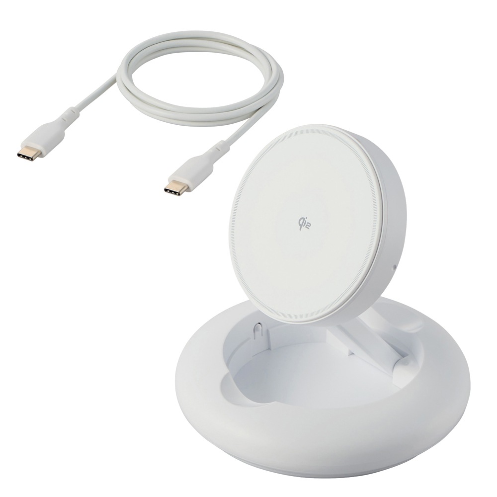 エレコム W-MA08WH ワイヤレス充電器 Qi 認証 Qi2 対応 15W / 7.5W / 5W マグネット式 卓上 スタンド 2Way 折り畳み式 ケーブル付属 1m 置くだけ 充電器 【 Q