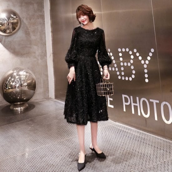 【取寄：納期2週間】パーティードレス レディース ワンピースドレス 結婚式ドレス 演奏会ドレス きらきら スパンコール メッシュ シースルー Aライン ブラック 黒 ミディ丈 お呼ばれ きれいめ