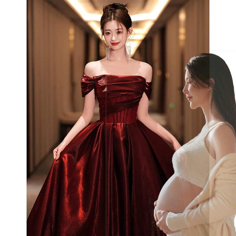 妊婦 お色直しドレス 新婦 オフショルダー レッド 婚約 ワンピース 披露宴 成人式 フォーマルドレス ぽっちゃり 大きいサイズ