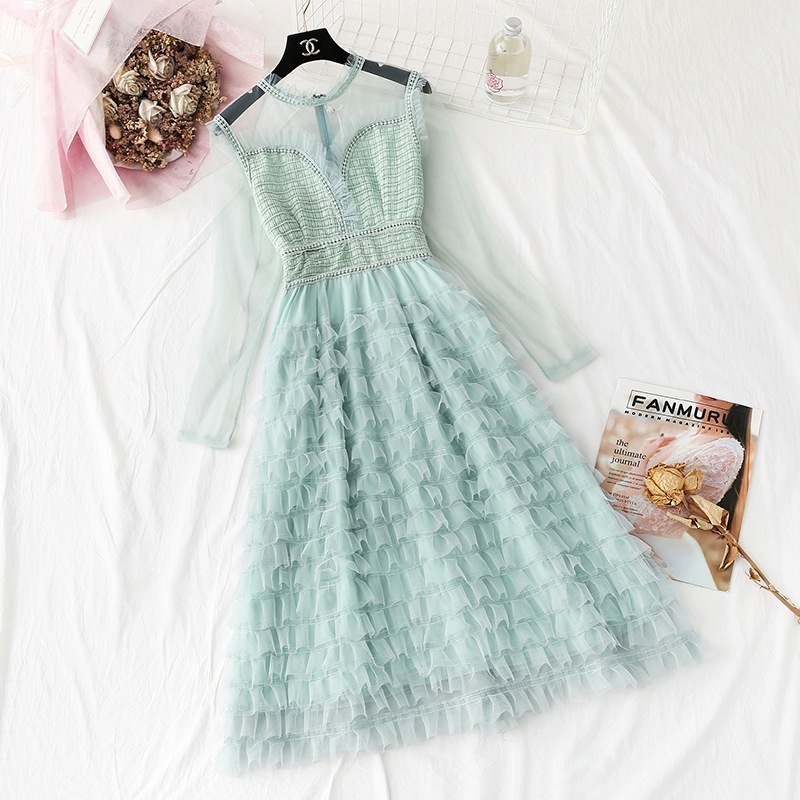 6色 ワンピース 長袖 春夏 きれいめ aライン シャツ付き aライン Aライン フレア ワンピドレス 膝下 ミモレ ミモレ丈 7分丈 ミディアム丈 ミドル丈 レギュラー丈 袖コンシャス Uネック ラ