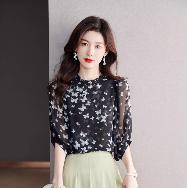 トップス ブラウス 5分袖 シフォン かわいい 大人可愛い きれいめ シンプル カジュアル 大人 上品 おしゃれ お洒落 かっこいい レトロ 大人女子 こなれ感 ラフ ラブリー キュート ガーリー