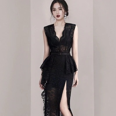 気品 セクシーなレース ワンピース2025夏 有名な女性 黒い顕やせVネックスカート