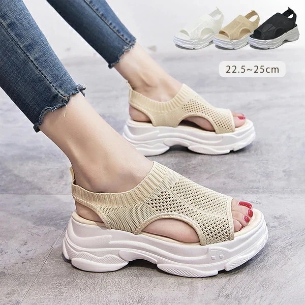【20点セット】【送料無料】スポサン スポースサンダル サンダル 厚底サンダル 厚底 メッシュ ニット コンフォート レディース ぺたん 歩きやすい オープントゥ ヒール6cm 快適 通気性 快適 美