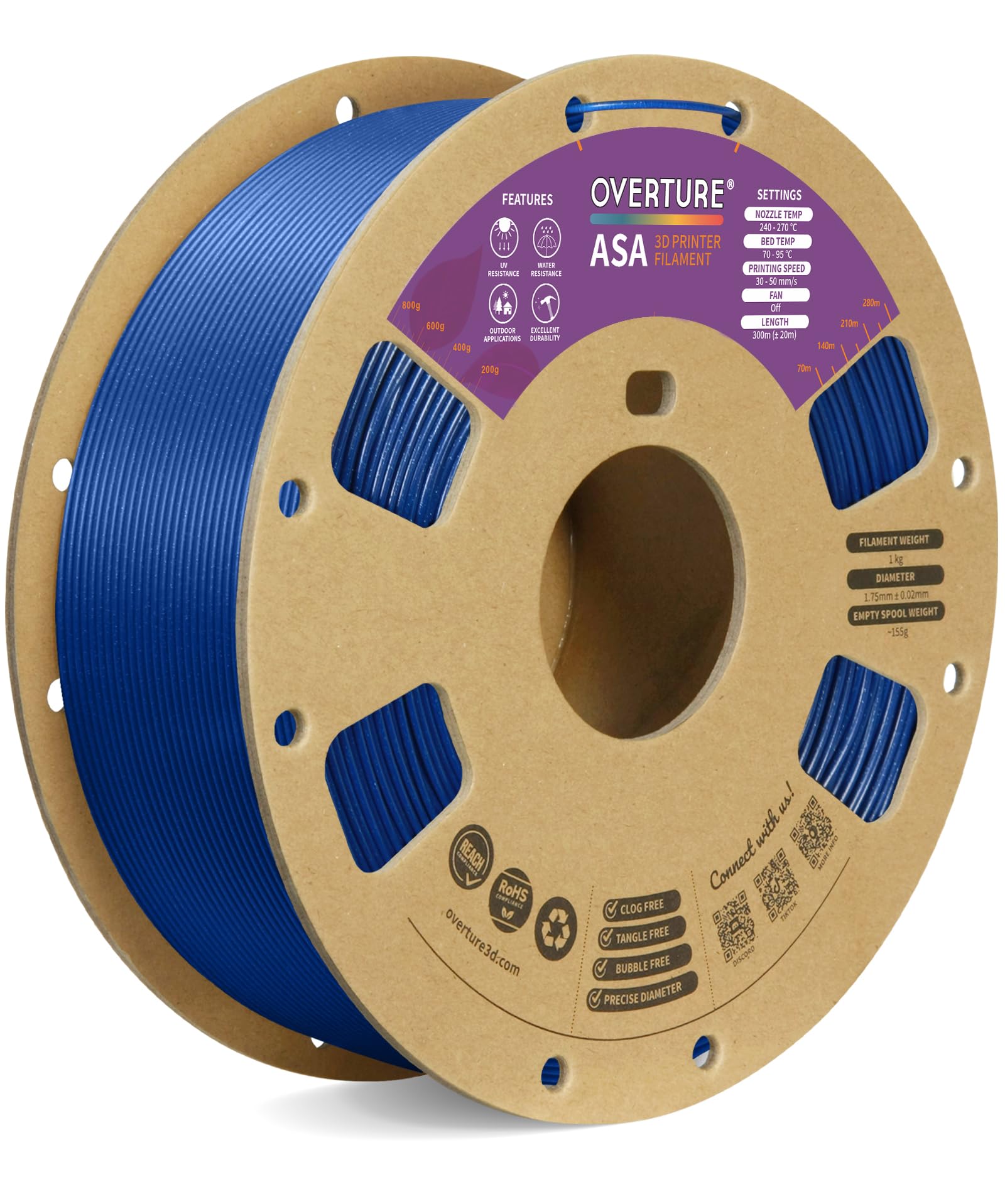 OVERTURE ASA フィラメント 3Dプリンター フィラメント 3D印刷フィラメント ASA 1.75mm 1kgスプール 寸法精度 /-0.03mm 高密度 環境保護 ほとんどのFDMプリンタ