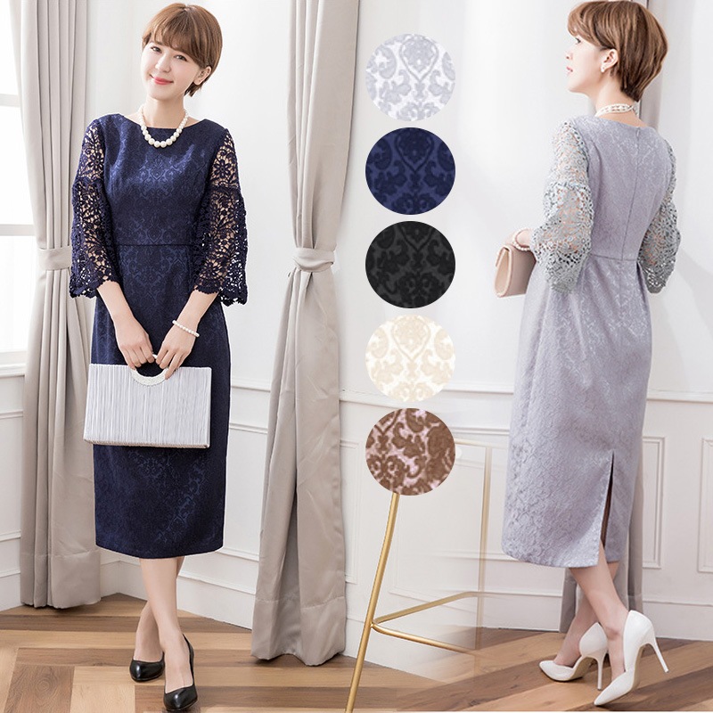 パーティードレス 結婚式 ワンピース ミモレ丈 七分袖 大きいサイズ 体型カバー パーティー お呼ばれ ドレス ミモレ 膝下 レース シンプル きれいめ フォーマル ダマスク ママ 母 G88218