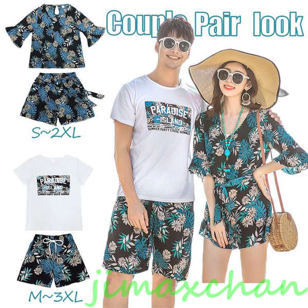 新品　ビーチウエア 夏服 ペアルック 柄シャツ 花柄 ペアルック カップル トップス ポへミア ペアルック シャツ パンツ ワンピース 記念日 家
