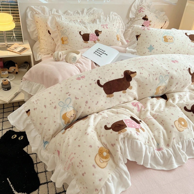 レースパン ダックス犬 ミルクベルベット ベッドシーツ 4点セット 厚手コーラルベルベット 掛け布団カバー キルトプラスベルベット