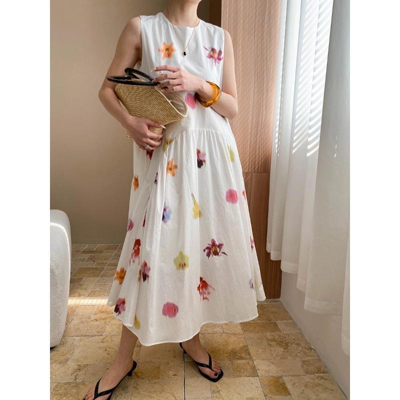 サウスホリデー水彩グラデーションフローラルバケーションスタイルノースリーブドレスSN lounge dress compre agora cozy worldwide 走れる タイト スカート イエベ