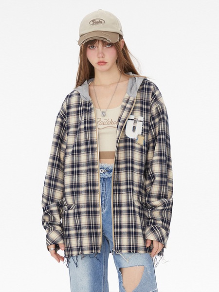 パッチワークジッパージャケット ルーズ長袖シャツ