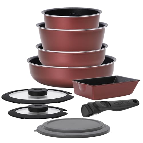 アイリスオーヤマ フライパン 鍋 セット 10点 IH ガス火 深型 ダイヤモンドコート 目盛付き オーブン調理 着脱式ハンドル エッグパン 蓋 PDCI-S10S ローズマダーレッド こびりつかずに