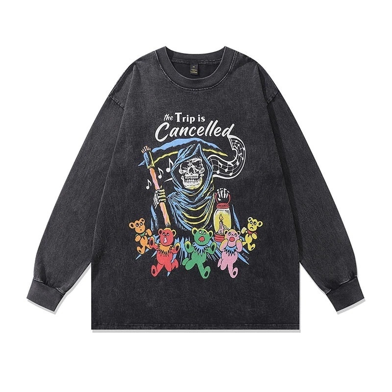 ヨーロッパとアメリカのハイストリート悪魔プリントレトロカップルトップスラウンドネック長袖 Tシャツトレンディな男性と女性のためのルーズカジュアル Tシャツ