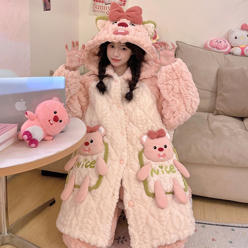女性用冬用パジャマ厚みのある女性用パジャマピンクのホーム服女性用キルティングパジャマかわいい暖かいベルベットのホーム服女性用