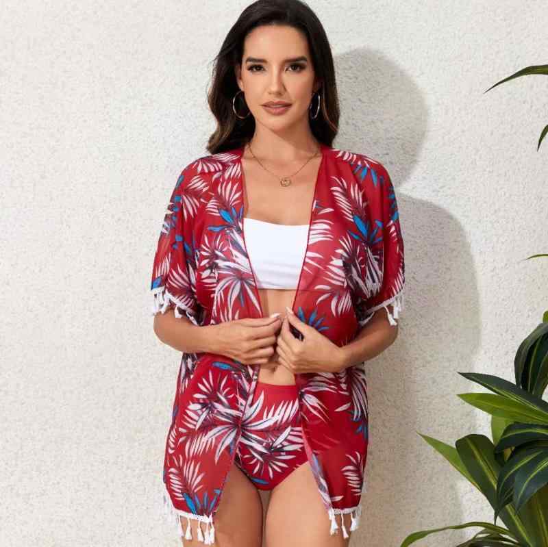 ビキニ レディース 水着 上下セット セパレート ビーチ 旅行 温泉 胸パッドあり ワイヤーなし ハイウエスト チューブトップ 半袖シャツ おしゃれ 花柄 カバーアップ タッセル