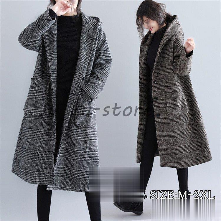 ラシャコート ロングコート トレンチコート レディース 長袖 40代 千鳥柄 フード付き ロングコート 大きいサイズ コートアウター 大人 秋冬コート 防寒