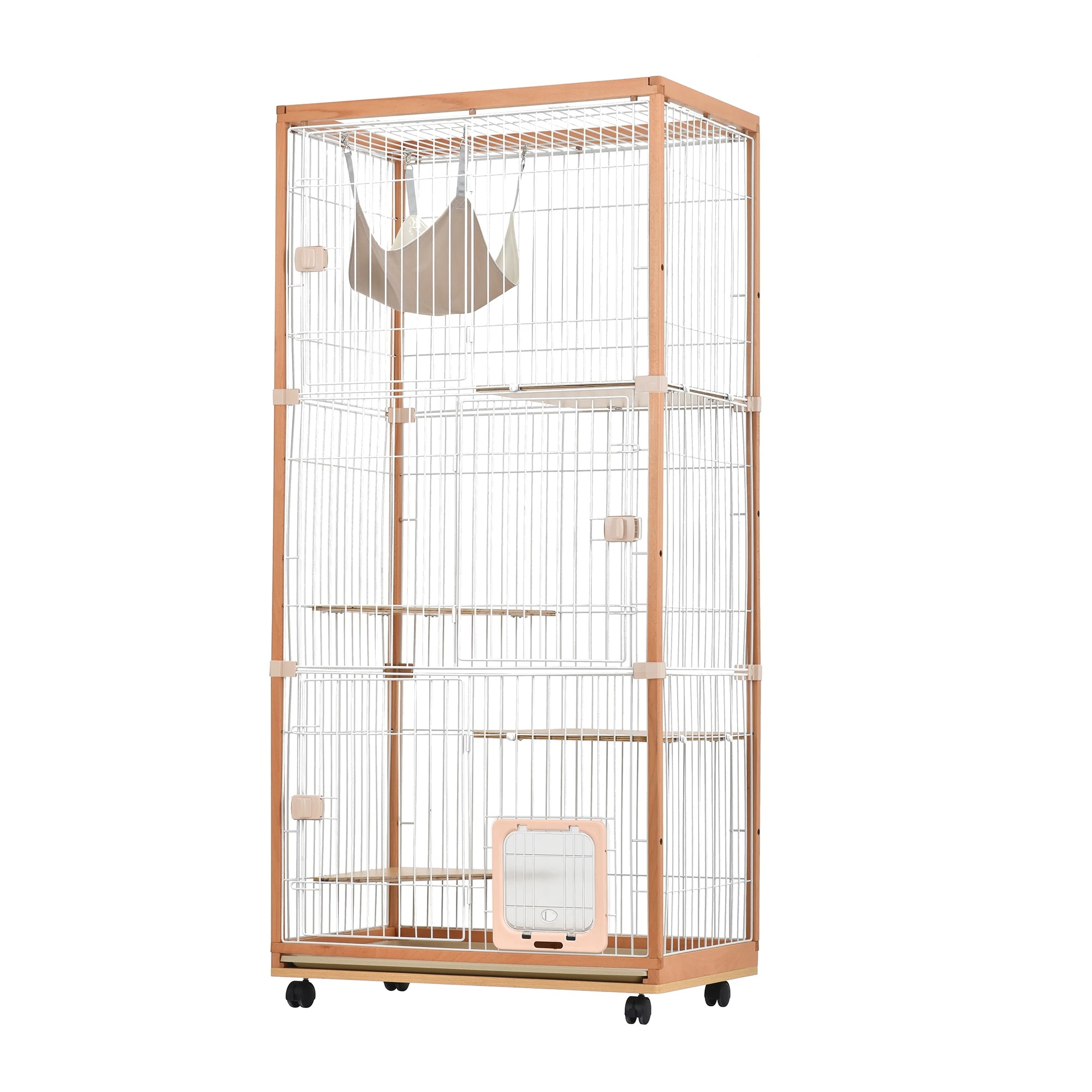 1434猫 ケージ キャットケージ 3段 木製フレーム ハンモック付 広々 大型 猫ゲージ 高級感 おしゃれ キャットハウス ネコ ハウス 多段 留守番 脱走防止 多頭飼い 多頭 スチール ペットケー