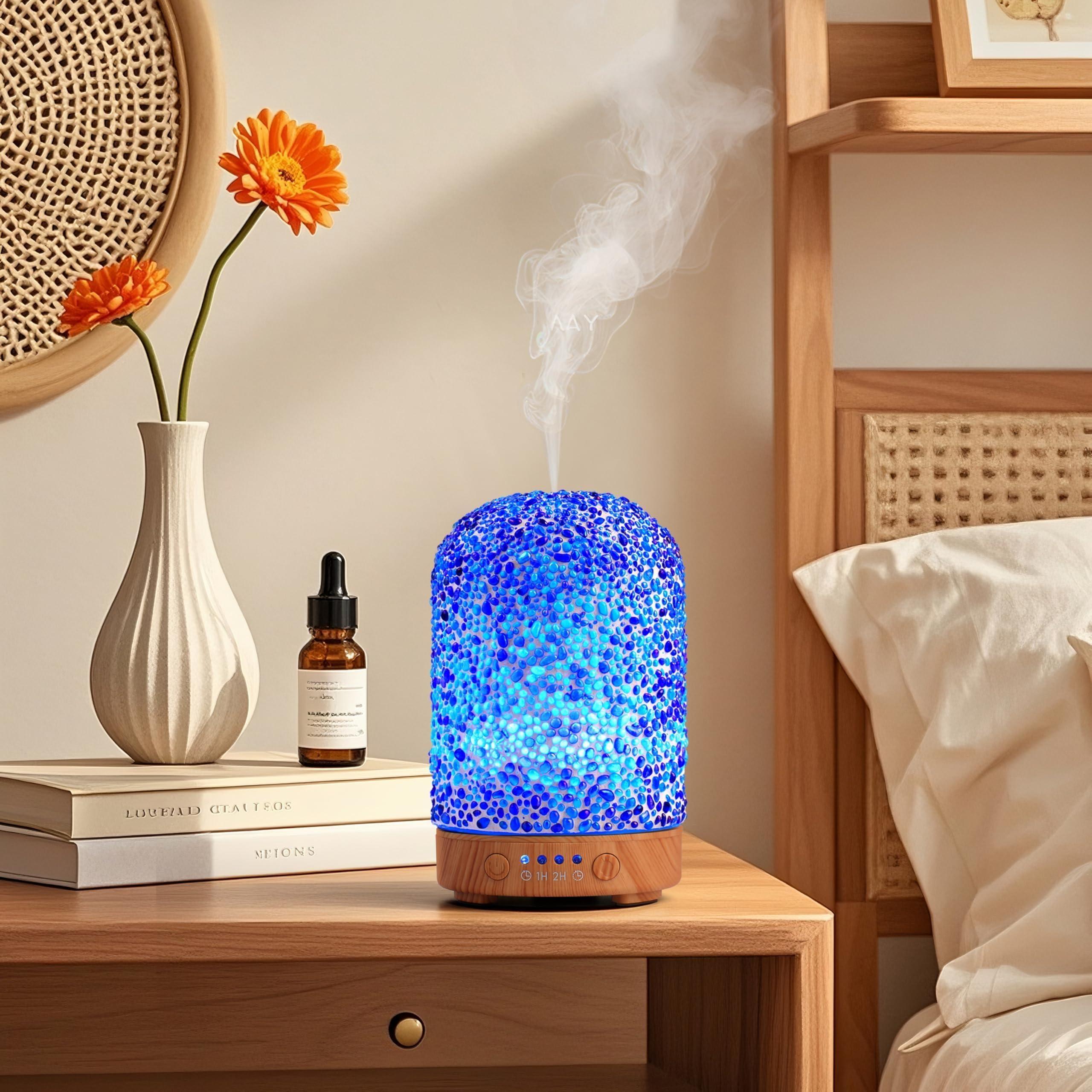 VOREEN アロマディフューザー 超音波加湿器 卓上小型 100ml ガラス工芸 7色LEDライト USB給電 空焚き防止 低騒音 ミスト調整 寝室・オフィス・ギフト用 芳香器