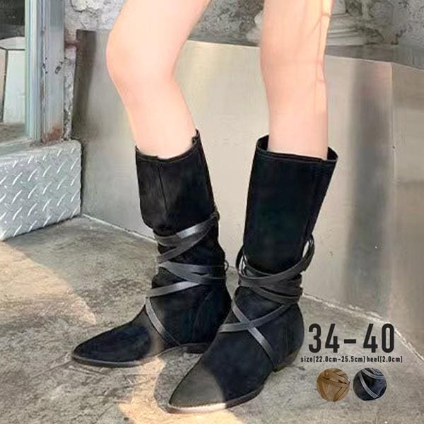 ブーツ ブラック ベージュ インソール ウエスタンおしゃれ トレンド 個性的 カジュアル / インソールポインテッドベルトウエスタンブーツ