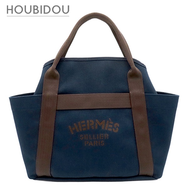 エルメス 2WAYバッグ サックドパンサージュ グルーム キャンバス トワルシェブロン ネイビー×オレンジ シルバー金具 紺 バイカラー ショルダー トート C 【保存袋】【中古】