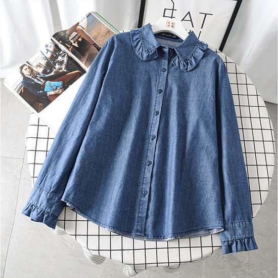 デニムシャツ レディース ブラウス フリル 襟付き 長袖 ゆったり 大きいサイズ 羽織り 無地 デニム