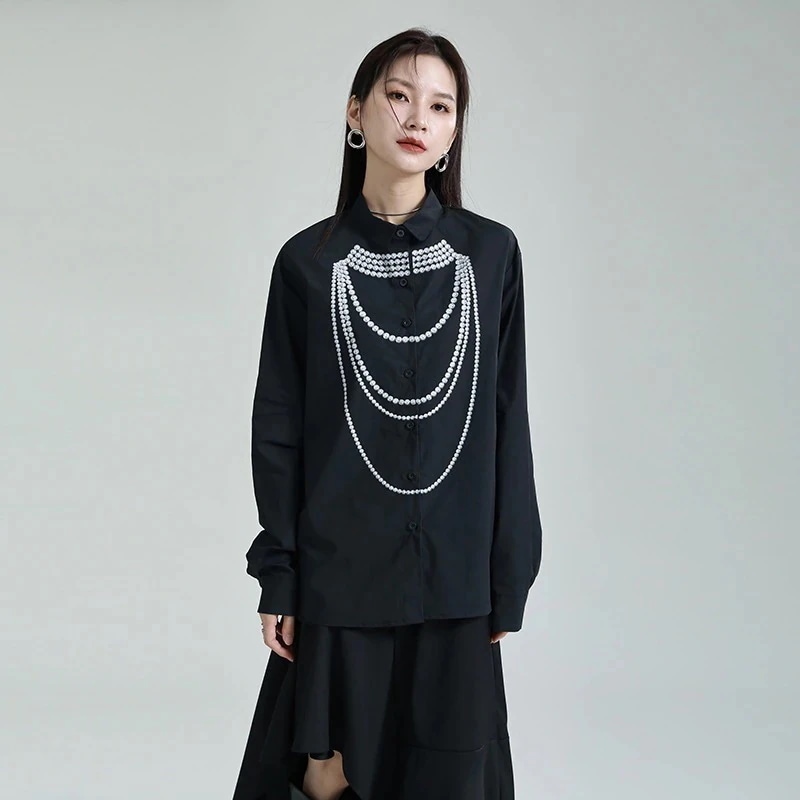 【J.Fashion】 プリン今週の割引は 25% オフですトパール飾り シャツ 春 レディースブラウス プリント真珠柄 レディースシャツ 長袖 トップス 日焼け止め メガ割