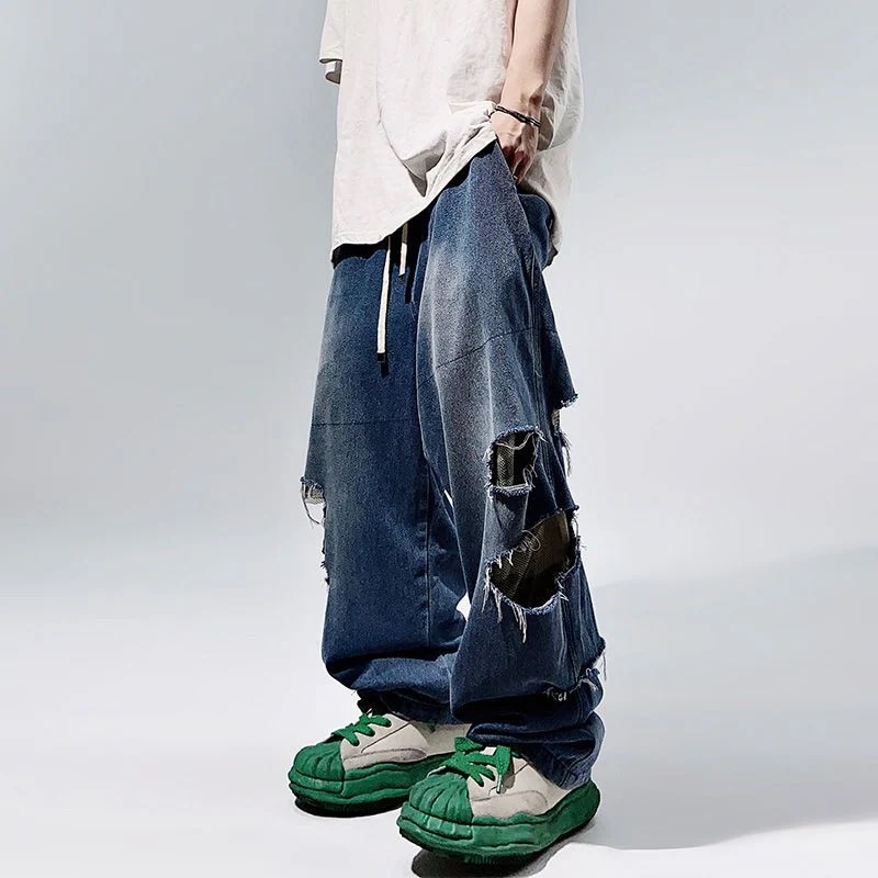 2色 重ね着風 大きいサイズ ダメージジーンズ デニムパンツ 長ズボン 迷彩柄 ストレート ゆったり メンズ ヒップホップ カジュアル ワイドパンツ ロングパンツ ダンス ファッション S-3