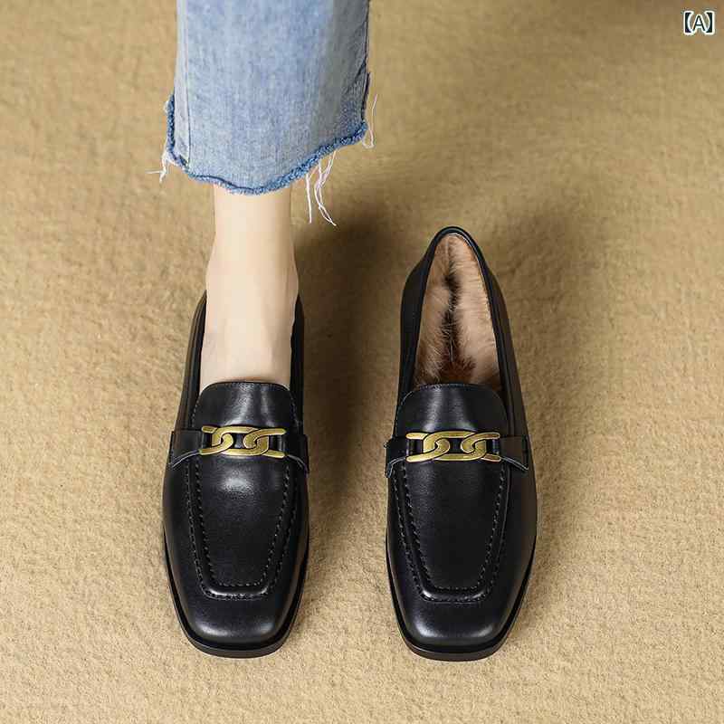 ローファー レディース オフィス 通勤 仕事 レトロ ブラウン 英国 革靴 女性 革 裏起毛 冬 毛皮 靴 フラット スリッポン スクエアトゥ